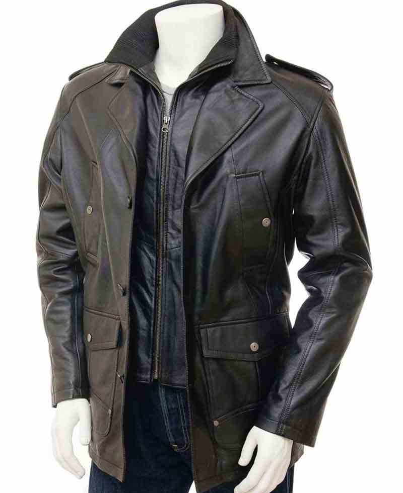 Men's High Neck Collar Black Peacoat